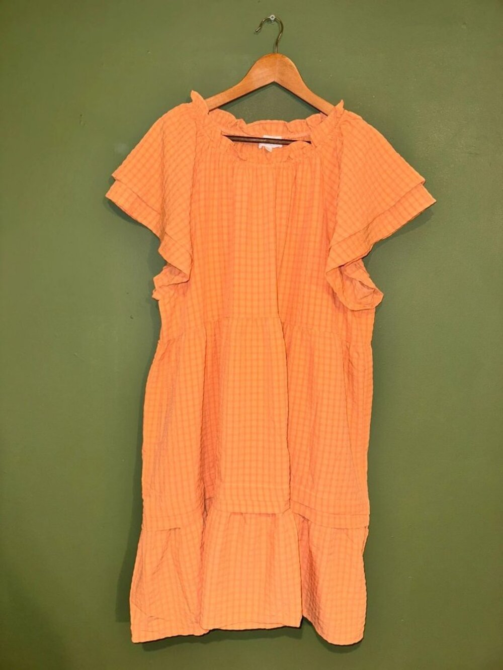 Oddi Coral Orange Gingham Check Tiered Mini Dress Off-Shoulder 2XL
